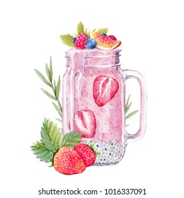 Watercolor illustration of a berry smoothie , pink strawberry drink, and a slice of Fig, blueberries and raspberries, mint leaves, vegan healthy fruit drink