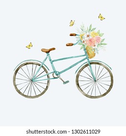 Watercolor Illustration Yellow Bicycle Flowers Hydrangea Stock Vector 