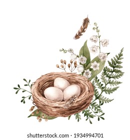 Watercolor illustration bird nest with eggs, fern, lily of the valley and feathers. Hand drawn greenery spring composition. White isolated background.