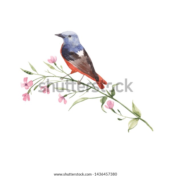 ピンクの花の上に座る鳥の水色のイラスト 畑の植物 植物イラスト 鳥の紋章 のイラスト素材