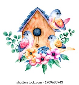 
Watercolor illustration with birds, birdhouse and a bouquet of flowers. Elements of cute birds, pink anemones, blue peony, greenery and leaves are drawn by hand. Drawing for postcards, prints, invita