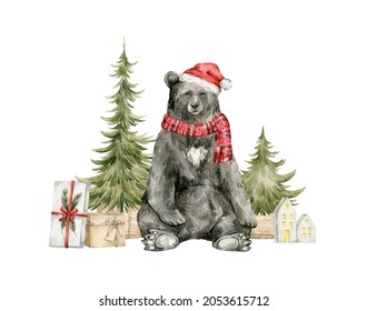 Watercolor illustration with black bear and Christmas tree. Winter aesthetic, a bear in costume, santa hat, scarf, present boxes. Holiday decoration and cute wild animal.