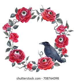 Watercolor illustration of a black crow and red roses, thorns and leaves, round floral wreath complimentary opening Halloween party, Flower with an eyeball