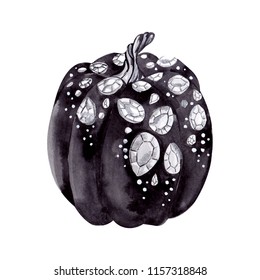 Watercolor Illustration With Black Pumpkin With Silver And White Decor