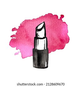 watercolor illustration of black and white lipstick on a pink spot background. suitable for logos of beauty salons and cosmetics stores, lipstick packaging, banners, makeup artist business cards - Powered by Shutterstock