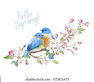 Watercolor Illustration Of Blooming Apple Tree Branch With Two Birds In Love, Invitation Template Hello Spring