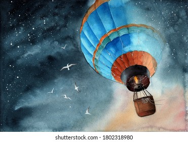 Watercolor Illustration Of A Blue Air Baloon In Starry Night Sky With White Seagulls
