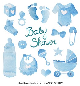 Watercolor illustration of blue baby boy shower symbols and hand lettering for party invitation card