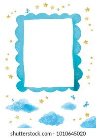 Watercolor Illustration With Blue Border. Photo Frame. 