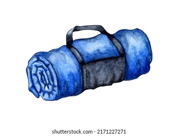 Watercolor illustration blue camping plaid. Equipment for fishing, hiking, hiking, traveling, camping. For the design of design compositions on the theme of tourism, hiking, outdoor recreation. 
