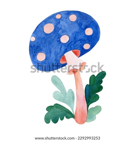 Watercolor illustration. Blue cartoon mushroom Amanita, psychedelic colors
