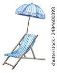 A watercolor illustration of a blue striped deck chair and umbrella. Hand-painted outdoor beach furniture. Isolated elements.