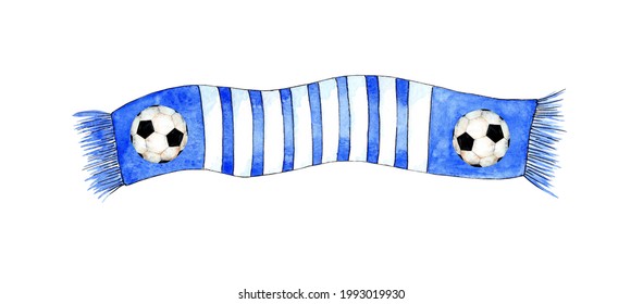 Watercolor Illustration Of A Blue Striped Soccer Scarf. Knitted Wardrobe Item. Football Fan Scarf. Colorful Accessory. Football Club. Isolated Over White Background. Drawn By Hand.