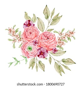 Watercolor Floral Bouquet Illustration Bright Pink Stock Illustration ...