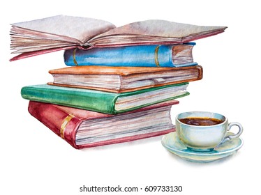 watercolor illustration with books and a cup coffee on white background. It can be used for print card, postcard, cover, invitation, birthday card, knowledge day