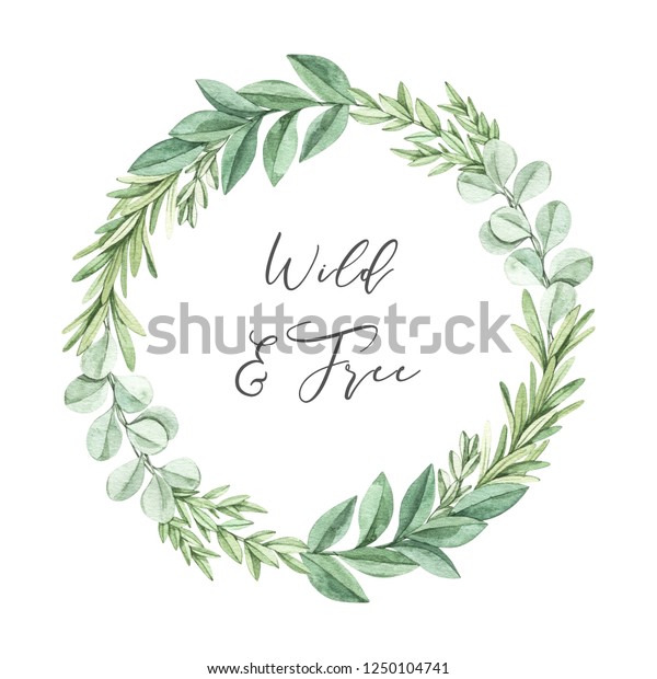 水彩イラスト ユーカリの枝と葉を持つ植物花輪 緑のクリスマスフレーム 冬の花柄 結婚式の招待状 グリーティングカード プリント 梱包に最適 のイラスト素材