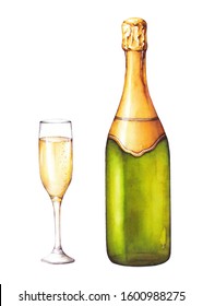 Watercolor Illustration With A Bottle Of Champagne And A Glass On White Background