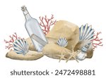 Watercolor illustration of bottle with message surrounded Seashells, corals and Rocks. Drawing of pebbles with sea shells and mail in glass jar on isolated background for nautical design.
