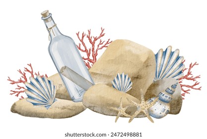 Watercolor illustration of bottle with message surrounded Seashells, corals and Rocks. Drawing of pebbles with sea shells and mail in glass jar on isolated background for nautical design.