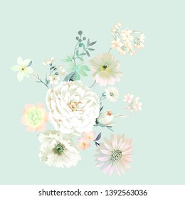 Watercolor illustration of a bouquet with a pink and delicate pink rose, leaves and bud, greeting card - Shutterstock ID 1392563036
