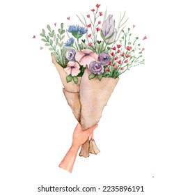 Watercolor illustration bouquet wild flowers  hand holds bouquet flowers  Lovely bouquet  perfect for printing postcards