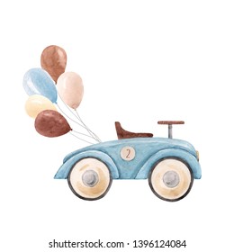 Watercolor illustration for a boy, blue retro car with balloon. Invitation Greeting Card