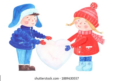 Watercolor illustration of boy and girl building a heart from snow - Powered by Shutterstock