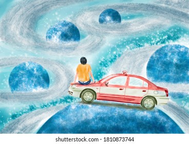 Watercolor Illustration Of A Boy Sitting On A Car Looking At The Planets In The Cosmos