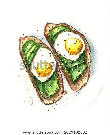 
Watercolor illustration - breakfast of fried eggs with avocado on a toaster. Egg and avocado sandwich sprinkled with sesame and chia seeds.