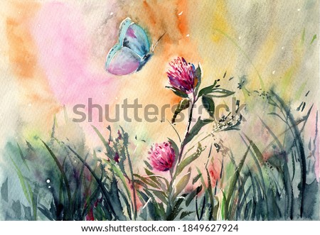 watercolor illustration of a bright meadow with high grass, wild field flowers and a butterfly