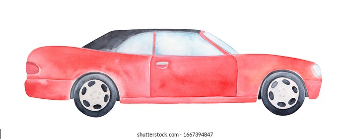Watercolor illustration of bright red classic car with black roof and wheels. Handdrawn water color sketchy drawing on white, cutout clipart element for creative design, greeting card, banner, poster.