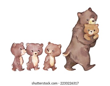 Watercolor illustration with brown mother bear baby cub. Greeting card for Mothers Day Card. Bear Family Funny Walk - Powered by Shutterstock