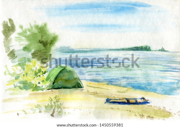 Watercolor Illustration Camping Beach Shore Lake Stock Illustration 1450559381