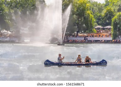 Watercolor Illustration: Canoe With Tourists Taking Pictures Of Each Other, In Front Of The Fountain On The Maschsee Lake