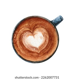 Watercolor illustration of a Cappuccino coffee cup top view, isolated on a white background. - Powered by Shutterstock