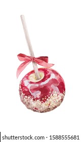 Watercolor Illustration Caramel Apple On A Stick