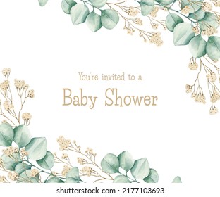 Watercolor illustration card baby shower with eucalyptus white flowers frame. Isolated on white background. Hand drawn clipart. Perfect for card, postcard, tags, invitation, printing, wrapping. - Powered by Shutterstock