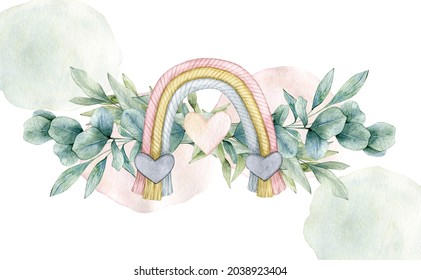 Watercolor illustration card with eucalyptus bouquet, heart, splashes, rainbow. Isolated on white background. Hand drawn clipart. Perfect for card, postcard, tags, invitation, printing, wrapping. - Powered by Shutterstock