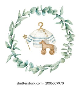 Watercolor illustration card with eucalyptus wreath, baby sweater, toy horse and wooden star. Isolated on white background. Hand drawn clipart. Perfect for card, postcard, tags, invitation, printing, 