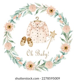 Watercolor illustration card oh baby with eucalyptus flowers wreath, dress, shoes, star. Isolated on white background. Hand drawn clipart. Perfect for card, postcard, tags, invitation, printing, wrap. - Powered by Shutterstock