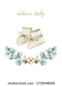 Watercolor Illustration Card Welcome Baby With Socks, Cotton And Eucalyptus. Hand Drawn Clipart Isolated On White Background.  Perfect For Card, Poster, Invitation, Baby Shower, Tags, Printing.