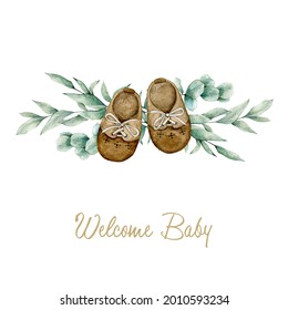 Watercolor illustration card welcome baby with eucalyptus bouquet and vintage shoes. Isolated on white background. Hand drawn clipart. Perfect for card, postcard, tags, invitation, printing, wrapping. - Powered by Shutterstock