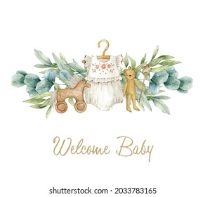 Watercolor illustration card welcome baby with eucalyptus, baby romper, toys. Isolated on white background. Hand drawn clipart. Perfect for card, postcard, tags, invitation, printing, wrapping.