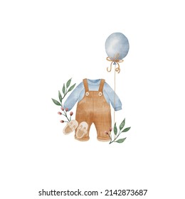 Watercolor Illustration Card Welcome Baby With Baby Clothes And Balloon. Hand Drawn Clipart Isolated On White Background. Perfect For Card, Poster, Invitation, Baby Shower, Tags, Printing.