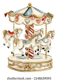 Watercolor Illustration Of A Carousel Vintage Style