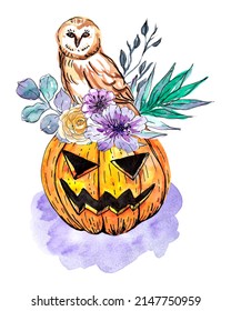 Watercolor illustration of cartoon halloween pumpkin with flowers and owl. Can be use in holidays design, posters, invitations.