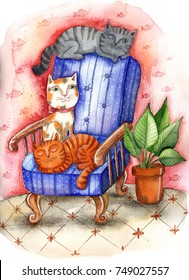 Watercolor Illustration Cats Chair Stock Illustration 749027557 ...