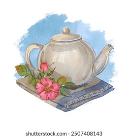 Watercolor illustration of a ceramic teapot with a pink flower, rosehip, and green leaves on a folded napkin with a blue background. Perfect for tea-themed designs, kitchen decor, and botanical - Powered by Shutterstock