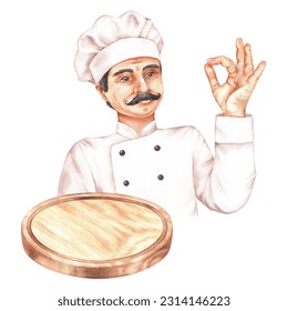 Watercolor illustration. Chef in uniform holding empty cutting board and making OK gesture. Isolated on a white background. For the design of the menu of restaurants, logos of cafes and pizzerias - Powered by Shutterstock