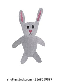 Watercolor illustration of children's toy gray plush rabbit